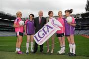 10 October 2011; Mental Health Ireland CEO, Brian Howard with Paula Prunty, National Games Development Officer, Cumann Peil Gael na mBan, and Gaelic4Mothers players, from left, Judith Rogan, Naomh Mearnog, Geraldine Burke, Kilmacud Crokes, Siobhan McCarthy, Naomh Mearnog, and Sinead Hamill, Kilmacud Crokes, at the launch of Ladies Gaelic Football Association and Mental Health Ireland’s partnership which aims to increase the awareness of mental health issues in Ireland through their Gaelic4Mothers and Building Resilience Together initiatives. Croke Park, Dublin. Picture credit: Pat Murphy / SPORTSFILE