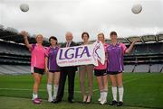 10 October 2011; Mental Health Ireland CEO, Brian Howard with Paula Prunty, National Games Development Officer, Cumann Peil Gael na mBan, and Gaelic4Mothers players, from left, Judith Rogan, Naomh Mearnog, Geraldine Burke, Kilmacud Crokes, Siobhan McCarthy, Naomh Mearnog, and Sinead Hamill, Kilmacud Crokes, at the launch of Ladies Gaelic Football Association and Mental Health Ireland’s partnership which aims to increase the awareness of mental health issues in Ireland through their Gaelic4Mothers and Building Resilience Together initiatives. Croke Park, Dublin. Picture credit: Pat Murphy / SPORTSFILE