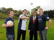 12 October 2011; Pictured at St Josephs GAA Club Ederney, in Fermanagh, were Sean Donnelly, Club Sectretary, St Josephs GAA Club Ederney, Sean Og O hAilpin, Ulster Bank GAA Force Ambassador Nigel Walsh, Regional Director, Ulster Bank, and Martin McGrath, St Josephs GAA Club Ederney and Fermanagh player. St Josephs GAA Club Ederney, in Fermanagh, received a major boost as Ulster Bank announced them as winners of ‘Ulster Bank GAA Force’ – a major club focused initiative supporting local GAA clubs by giving them the opportunity to refurbish and upgrade their facilities. Ulster Bank GAA Force was introduced this summer to coincide with Ulster Bank’s sponsorship of the GAA Football All-Ireland Championships. St Josephs GAA Club was awarded a support package worth €22,000. Four runners up were also awarded support packages worth €5,000. St. Joseph's GAA Club, Drumkeen, Ederney, Co. Fermanagh. Picture credit: Oliver McVeigh / SPORTSFILE