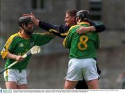 12 May 2002; Meath manager Michael Duignan centre,  celebrates with his players Thomas Reilly left, and Declan Murray at the end of the game after victory over Laois. Meath v Laois, Guinness Leinster Senior Hurling Championship, Pairc Tailteann, Navan, Co. Meath. Picture credit; David Maher / SPORTSFILE