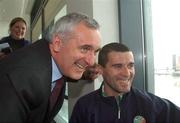 17 May 2002; An Taoiseach Bertie Ahern TD, meets Republic of Ireland captain Roy Keane at Dublin Airport prior to the team's departure to their base on Saipan island in preparation tor the World Cup 2002 in Japan and Korea. Soccer. Picture credit; David Maher / SPORTSFILE *EDI*