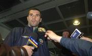 17 May 2002; Republic of Ireland captain Roy Keane is interviewed by journalists at Dublin Airport prior to the team's departure to their base on Saipan island in preparation tor the World Cup 2002 in Japan and Korea. Soccer. Picture credit; David Maher / SPORTSFILE *EDI*