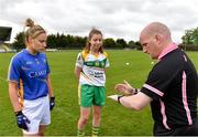 16 April 2017; Referee Jason Mullins with captains, Samantha Lambert of Tipperary, left, and Mairéad Daly of Offaly before the Lidl Ladies Football National League Division 3 Semi-Final match between Tipperary and Offaly at Clane GAA Club in Clane, Co Kildare. Photo by Piaras Ó Mídheach/Sportsfile
