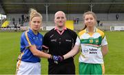 16 April 2017; Referee Jason Mullins with captains, Samantha Lambert of Tipperary, left, and Mairéad Daly of Offaly before the Lidl Ladies Football National League Division 3 Semi-Final match between Tipperary and Offaly at Clane GAA Club in Clane, Co Kildare. Photo by Piaras Ó Mídheach/Sportsfile