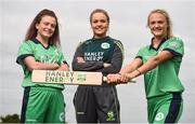 21 April 2017; Irish International Women's Cricket players, from left, Lara Maritz, Robyn Lewis, and Gaby Lewis at the announcement of Hanley Energy as the official sponsors of the Irish International Women’s Cricket Team at Hanley Head Office, City North Business Park in Stamullin, Meath. Photo by Cody Glenn/Sportsfile