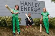 21 April 2017; Irish International Women's Cricket players, from left, Lara Maritz, Robyn Lewis, and Gaby Lewis, at the announcement of Hanley Energy as the official sponsors of the Irish International Women’s Cricket Team at Hanley Head Office, City North Business Park in Stamullin, Meath. Photo by Cody Glenn/Sportsfile