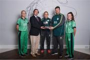 21 April 2017; Irish International Women's Cricket players, from left, Gaby Lewis, Robyn Lewis, and Lara Maritz, with head coach Aaron Hamilton, and Clive Gilmore, CEO of Hanley Energy, at the announcement of Hanley Energy as the official sponsors of the Irish International Women’s Cricket Team at Hanley Head Office, City North Business Park in Stamullin, Meath. Photo by Cody Glenn/Sportsfile
