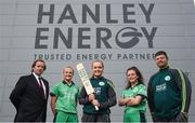 21 April 2017; Irish International Women's Cricket players, from second left, Gaby Lewis, Robyn Lewis, and Lara Martiz, with head coach Aaron Hamilton and joined by Clive Gilmore, left, CEO of Hanley Energy, at the announcement of Hanley Energy as the official sponsors of the Irish International Women’s Cricket Team at Hanley Head Office, City North Business Park in Stamullin, Meath. Photo by Cody Glenn/Sportsfile