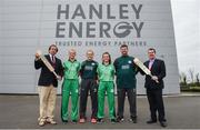 21 April 2017; Clive Gilmore, CEO of Hanley Energy, with, from left, Irish International Women's Cricket players Gaby Lewis, Robyn Lewis, Lara Maritz, head coach Aaron Hamilton, and Dennis Cousins, Commercial Director of Cricket Ireland, at the announcement of Hanley Energy as the official sponsors of the Irish International Women’s Cricket Team at Hanley Head Office, City North Business Park in Stamullin, Meath. Photo by Cody Glenn/Sportsfile