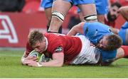 21 April 2017; Gavin Coombes of Munster A scores a try despite the tackle ftom Joe Buckle of Jersey Reds during the British & Irish Cup Final match between Munster A and Jersey Reds at Irish Independent Park, in Cork. Photo by Matt Browne/Sportsfile