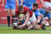 21 April 2017; Gavin Coombes of Munster A scores a try despite the tackle ftom Joe Buckle of Jersey Reds during the British & Irish Cup Final match between Munster A and Jersey Reds at Irish Independent Park, in Cork. Photo by Matt Browne/Sportsfile