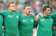 8 October 2011; Ireland players Jamie Heaslip, Sean O'Brien and Rob Kearney during the National Anthems before the game. Ireland v Wales, 2011 Rugby World Cup, Quarter-Final, Wellington Regional Stadium, Wellington, New Zealand. Picture credit: Brendan Moran / SPORTSFILE