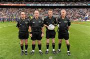 18 September 2011; Referee Joe McQuillan, second from right, with his officials, from left, David Goldrick, linesman, Maurice Condon, sideline official, and Pat McEnaney, linesman, before the game. GAA Football All-Ireland Senior Championship Final, Kerry v Dublin, Croke Park, Dublin. Picture credit: Pat Murphy / SPORTSFILE