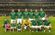 11 October 2011; The Republic of Ireland team and mascots, back row, from left to right, Sean St. Ledger, Glenn Whelan, Richard Dunne, Stephen Kelly, Keith Andrews and John O'Shea. Front row, from left to right, Aiden McGeady, Shay Given, Damien Duff, Simon Cox and Kevin Doyle. EURO 2012 Championship Qualifier, Republic of Ireland v Armenia, Aviva Stadium, Lansdowne Road, Dublin. Photo by Sportsfile