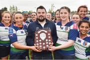 22 April 2017; Jonathan Flood presents the plate to Nicole Carroll and Aifric O'Brien captains of Suttonians after the Paul Flood Plate Final match between Clondalkin and Suttonians at Donnybrook Stadium in Donnybrook, Dublin. Photo by Matt Browne/Sportsfile