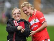 22 April 2017; Isabel Doody, from Inistooge, Kilkenny, takes a selfie with Cork's Brid Stack after the Lidl Ladies Football National League Division 1 Semi-Final match between Cork and Dublin at Nowlan Park in Kilkenny. Photo by Ray McManus/Sportsfile