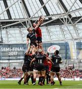 22 April 2017; Donnacha Ryan of Munster wins possession in a lineout ahead of George Kruis of Saracens during the European Rugby Champions Cup Semi-Final match between Munster and Saracens at the Aviva Stadium in Dublin. Photo by Diarmuid Greene/Sportsfile