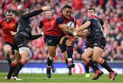 22 April 2017; Francis Saili of Munster is tackled by Alex Goode, left, and Schalk Brits of Saracens during the European Rugby Champions Cup Semi-Final match between Munster and Saracens at the Aviva Stadium in Dublin. Photo by Ramsey Cardy/Sportsfile