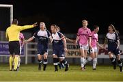 22 April 2017; Shelbourne Ladies players including captain Pearl Slattery protest to referee Brian Fenlon after a dissallowed goal during the Continental Tyres Women's National League match between Wexford Youths and Shelbourne Ladies at Ferrycarrig Park in Wexford. Photo by Eóin Noonan/Sportsfile