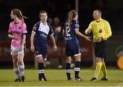 22 April 2017; Jamie Finn of Shelbourne Ladies protests a dissallowed goal to referee Brian Fenlon after the the Continental Tyres Women's National League match between Wexford Youths and Shelbourne Ladies at Ferrycarrig Park in Wexford. Photo by Eóin Noonan/Sportsfile