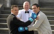 13 October 2011; Olympic boxing gold medalist Michael Carruth alongside Irish Boxing Champions Billy Walsh, left, from Wexford, and Kenny Egan, right, from Dublin, who were honoured by Lucozade Sport and the Association of Sports Journalists in Ireland at a luncheon in the Radisson Hotel, Stillorgan, Dublin. Photo by Sportsfile