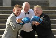13 October 2011; Olympic boxing gold medalist Michael Carruth alongside Irish Boxing Champions Neil Gough, left, from Waterford, and Ciaran Joyce, right, from Cork, who were honoured by Lucozade Sport and the Association of Sports Journalists in Ireland at a luncheon in the Radisson Hotel, Stillorgan, Dublin. Photo by Sportsfile
