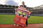 19 October 2011; The GAA has teamed up with brain injury specialists Acquired Brain Injury Ireland to back their Mind Your Head campaign; educating players about the signs and symptoms of Concussion, through an Educational Concussion Poster Campaign. This poster campaign will be distributed to over 1800 GAA clubs throughout the country, reaching out to all players of every age and level. Present at the launch were Dublin Footballer and ABI Ireland Ambassadors Michael Darragh Macauley, with Sean O'Connell, left, age 9 from Stepaside, Co. Dublin and Mark Bailey, age 8 from Killiney, Co. Dublin. GAA and ABI Ireland Launch Concussion Awareness Campaign, Croke Park, Dublin. Picture credit: David Maher / SPORTSFILE