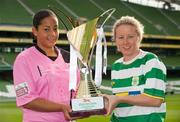 20 October 2011; Minister of State for Tourism and Sport, Michael Ring, today launched the inaugural Bús Éireann Women's National League which will commence on Sunday November 13th. Captain of Wexford Youths Women's AFC, Rianna Jarrett, left, and captain of Castlebar Celtic FC, Emma Mullin, right, hold the league trophy in attendance at a Bus Éireann Women’s National League Captains photocall. Aviva Stadium, Lansdowne Road, Dublin. Picture credit: Barry Cregg / SPORTSFILE