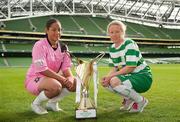 20 October 2011; Minister of State for Tourism and Sport, Michael Ring, today launched the inaugural Bús Éireann Women's National League which will commence on Sunday November 13th. Captain of Wexford Youths Women's AFC, Rianna Jarrett, left, and captain of Castlebar Celtic FC, Emma Mullin, right, with the league trophy in attendance at a Bus Éireann Women’s National League Captains photocall. Aviva Stadium, Lansdowne Road, Dublin. Picture credit: Barry Cregg / SPORTSFILE