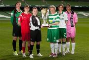 20 October 2011; Minister of State for Tourism and Sport, Michael Ring, today launched the inaugural Bús Éireann Women's National League which will commence on Sunday November 13th. Captains from the six teams competing in the league in attendance with the league trophy at a Bus Éireann Women’s National League Captains photocall are, from left, Louise Quinn, Peamount United Ladies FC, Emma Farmer, Cork Women's Football Club, Rebecca Creagh, Raheny Untied Ladies FC, Emma Mullin, Castlebar Celtic FC, Niamh Connolly, Shamrock Rovers FC and Rianna Jarrett, Wexford Youths Women's AFC. Aviva Stadium, Lansdowne Road, Dublin. Picture credit: Barry Cregg / SPORTSFILE