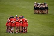 23 April 2017; The Cork and Kilkenny teams huddle together before the Littlewoods Ireland Camogie League Division 1 Final match between Cork and Kilkenny at Gaelic Grounds in Limerick. Photo by Diarmuid Greene/Sportsfile