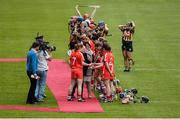 23 April 2017; President Michael D. Higgins and Uachtarán an Cumann Camógaíochta Cáit Ní Náraigh are intoroduced to the Cork players by captain Rena Buckley before the Littlewoods Ireland Camogie League Division 1 Final match between Cork and Kilkenny at Gaelic Grounds in Limerick. Photo by Diarmuid Greene/Sportsfile