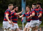 23 April 2017; Mick McGrath of Clontarf is congratulated by teammates after scoring his side's first try during the Ulster Bank League Division 1A semi-final match between Clontarf and Young Munster at Castle Avenue, Clontarf, in Dublin. Photo by Seb Daly/Sportsfile