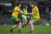 23 April 2017; Donegal players Geraldine McLaughlin, left, and Roisin Friel celebrate after the Lidl Ladies Football National League Division 1 semi-final match between Donegal and Galway at Markievicz Park, in Sligo. Photo by Brendan Moran/Sportsfile