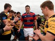 23 April 2017; Clontarf captain Ben Reilly leads his team off the field following their victory during the Ulster Bank League Division 1A semi-final match between Clontarf and Young Munster at Castle Avenue, Clontarf, in Dublin. Photo by Seb Daly/Sportsfile