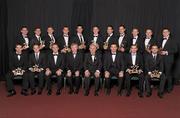 21 October 2011; The 2011 GAA GPA All Star Footballers of the Year, back row, from left, Stephen Cluxton, Dublin, Bernard Brogan, Dublin, Paul Flynn, Dublin, Neil McGee, Donegal, Michael Darragh MacAuley, Dublin, Kevin Nolan, Dublin, Bryan Sheehan, Kerry, Michael Foley, Kildare, Colm Cooper, Kerry, Andy Moran, Mayo and Kevin Cassidy, Donegal, with front, from left, Marc O Se, Kerry, Darran O'Sullivan, Kerry, Dave Sheeran, Managing Director Opel Ireland, GAA Director General Páraic Duffy, Uachtarán CLG Criostóir Ó Cuana, Dessie Farrell, Chief Executive of the GPA, Alan Brogan, Dublin and Karl Lacey, Donegal. National Convention Centre, Dublin. Photo by Sportsfile