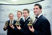 21 October 2011; Kerry footballers, from left, Darran O'Sullivan, Colm Cooper, Marc O Sé and Bryan Sheehan with their GAA GPA All-Star awards at the GAA GPA All-Star Awards 2011 sponsored by Opel. National Convention Centre, Dublin. Picture credit: Ray McManus / SPORTSFILE