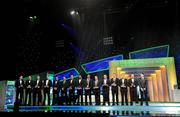 21 October 2011;The 2011 GAA GPA All-Star Football Team of the Year, from left, Stephen Cluxton, Dublin, Neil McGee, Donegal, Michael Foley, Kildare, Kevin Cassidy, Donegal, Karl Lacey, Donegal, Kevin Nolan, Dublin, Bryan Sheehan, Kerry, Michael Darragh Macauley, Dublin, Darran O'Sullivan, Kerry, Alan Brogan, Dublin, Paul Flynn, Dublin, Colm Cooper, Kerry, Andy Moran, Mayo and Bernard Brogan, Dublin, with their awards at the GAA GPA All-Star Awards 2011 sponsored by Opel. National Convention Centre, Dublin. Picture credit: Brendan Moran / SPORTSFILE