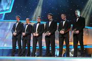 21 October 2011; Hurling award winners, from left, Brian Hogan, Kilkenny, Tommy Walsh, Kilkenny, Michael Cahill, Tipperary, Paul Curran, Tipperary, Paul Murphy, Kilkenny and Gary Maguire, Dublin, on stage at the GAA GPA All-Star Awards 2011 sponsored by Opel. National Convention Centre, Dublin. Picture credit: Brendan Moran / SPORTSFILE
