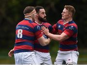 23 April 2017; Mick McGrath of Clontarf is congratulated by teammates Michael Noone, left, and Tony Ryan after scoring his side's first try during the Ulster Bank League Division 1A semi-final match between Clontarf and Young Munster at Castle Avenue, Clontarf, in Dublin. Photo by Seb Daly/Sportsfile