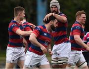 23 April 2017; Mick McGrath of Clontarf is congratulated by teammate Mick Kearney after scoring his side's first try during the Ulster Bank League Division 1A semi-final match between Clontarf and Young Munster at Castle Avenue, Clontarf, in Dublin. Photo by Seb Daly/Sportsfile