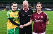 23 April 2017; Team captains Geraldine McLaughlin, left, of Donegal and Fabienne Cooney of Galway shake hands in the company of referee Gerry Carmody before the Lidl Ladies Football National League Division 1 semi-final match between Donegal and Galway at Markievicz Park, in Sligo. Photo by Brendan Moran/Sportsfile