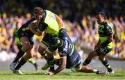 23 April 2017; Rhys Ruddock of Leinster is tackled by Aurélien Rougerie, left, and Sébastien Vahaamahina of ASM Clermont Auvergne during the European Rugby Champions Cup Semi-Final match between ASM Clermont Auvergne and Leinster at Matmut Stadium de Gerland in Lyon, France. Photo by Stephen McCarthy/Sportsfile