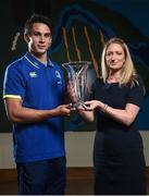24 April 2017; Joey Carbery of Leinster is presented with the Bank of Ireland Player of the Month award for February and March 2017 by Rachael Dandy, Business Development Manager, Bank of Ireland, at Leinster Rugby, Newstead Building A, UCD in Belfield, Dublin. Photo by Seb Daly/Sportsfile