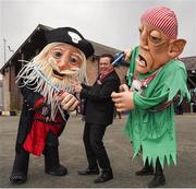 25 April 2017; RTÉ Sports Broadcaster Marty Morrissey battles some pirates as he arrives at Punchestown Racecourse in Naas, Co. Kildare. Photo by Cody Glenn/Sportsfile