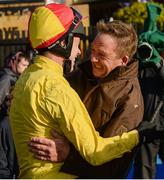 25 April 2017; Jockey Derek O'Connor is hugged by his brother Padraig O'Connor, whose wife Grainne O'Connor, owns winning horse Vision Des Flos, after the Goffs Land Rover Bumper at Punchestown Racecourse in Naas, Co. Kildare. Photo by Cody Glenn/Sportsfile
