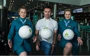 26 April 2017; Aer Lingus ambassador, Robbie Keane was at Dublin Airport today to launch Aer Lingus’ big North American sale, offering travel enthusiasts €100 off direct, return flights to all U.S. cities and Toronto. Not long returned from the Californian coast, Robbie shared his top tips when visiting the popular city of LA which is just one of the 11 North American destinations Aer Lingus fly to direct from Ireland. Book your trip stateside by midnight 8th May at aerlingus.com to avail of this special sale offer. Aer Lingus guests can enjoy US pre-clearance at Dublin and Shannon airports, the all-inclusive offering of free 23kg baggage allowance, a complimentary meal during the flight, not forgetting hours of in-flight entertainment featuring the latest blockbuster movies, TV box sets, games, music and lots more. Pictured at the event are Robbie Keane with Aer Lingus ground staff Jordyn Boyle, left and Meabhb Reeves. Photo by David Maher/Sportsfile