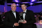 21 October 2011; Kerry hurler Shane Nolan who was presented with the GAA GPA All-Star Christy Ring Cup Player of the Year award, with former Chaiirman of the Kerry County Board and Chairman of the Munster Council Sean Walsh at the GAA GPA All-Star Awards 2011 sponsored by Opel. National Convention Centre, Dublin. Picture credit: Ray McManus / SPORTSFILE