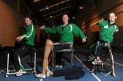 25 October 2011; Ireland Paralympic athletes, from left, Ray O'Dwyer, from Hugginstown, Kilkenny, Shot and Javelin, Orla Barry, from Ladysbridge, Cork, Discus, and Catherine O'Neill, from New Ross, Co. Wexford, Discus and Club, during a Paralympics Ireland media day. Morton Stadium, Santry, Dublin. Picture credit: Brian Lawless / SPORTSFILE