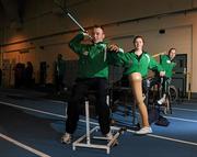 25 October 2011; Ireland Paralympic athletes, from left, Ray O'Dwyer, from Hugginstown, Kilkenny, Shot and Javelin, Orla Barry, from Ladysbridge, Cork, Discus, and Catherine O'Neill, from New Ross, Co. Wexford, Discus and Club, during a Paralympics Ireland media day. Morton Stadium, Santry, Dublin. Picture credit: Brian Lawless / SPORTSFILE